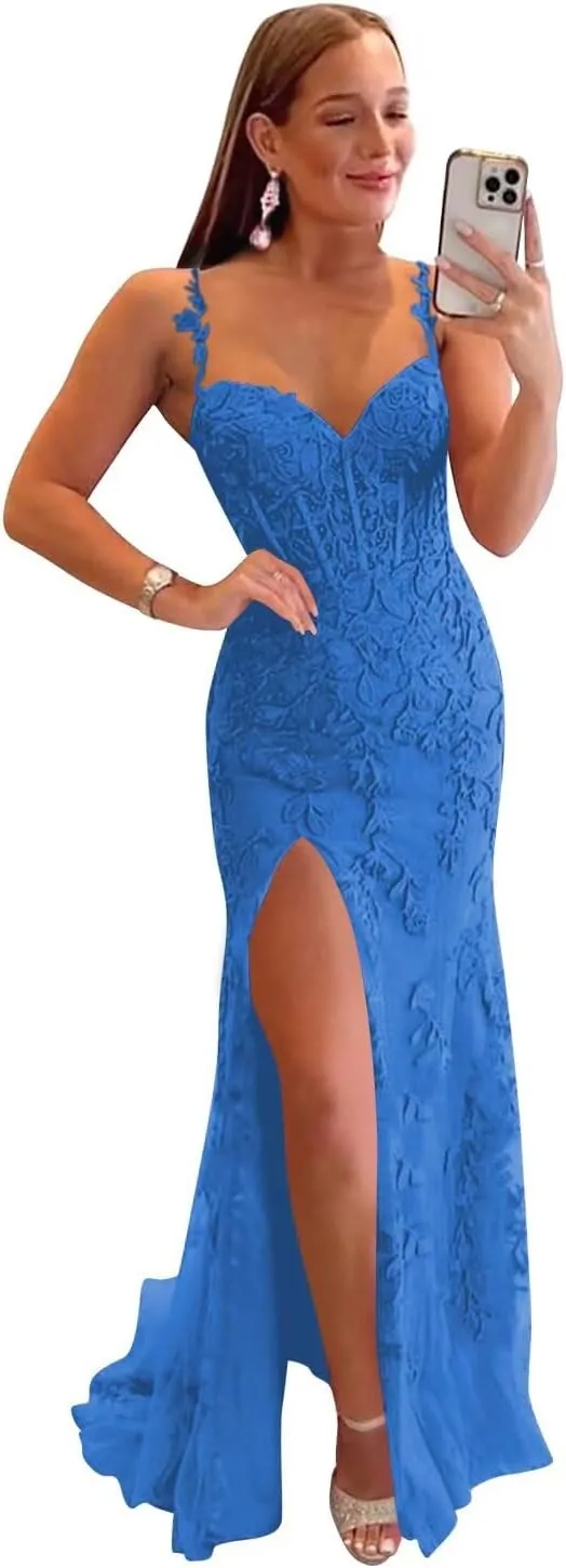 Miao Duo Women's Lace Mermaid Prom Dresses Long with Slit Mermaid Spaghetti Straps Backless Formal Evening Gowns YZTS099