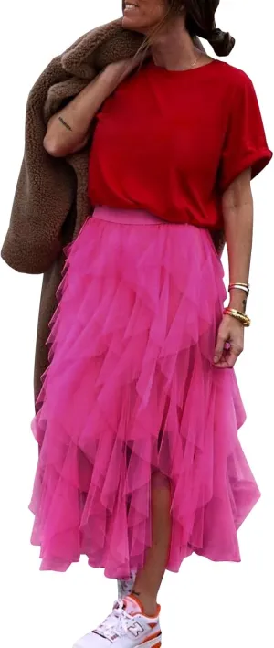 miduo Womens Fashion Casual High Waist Elastic Waist Tutu Ruffle Tiered Tulle Midi Skirts A Line Skirts
