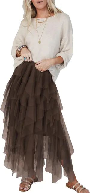 miduo Womens Fashion Casual High Waist Elastic Waist Tutu Ruffle Tiered Tulle Midi Skirts A Line Skirts