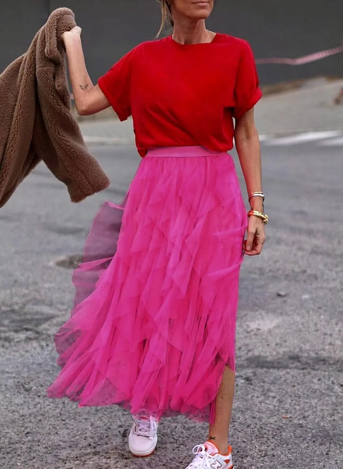 miduo Womens Fashion Casual High Waist Elastic Waist Tutu Ruffle Tiered Tulle Midi Skirts A Line Skirts