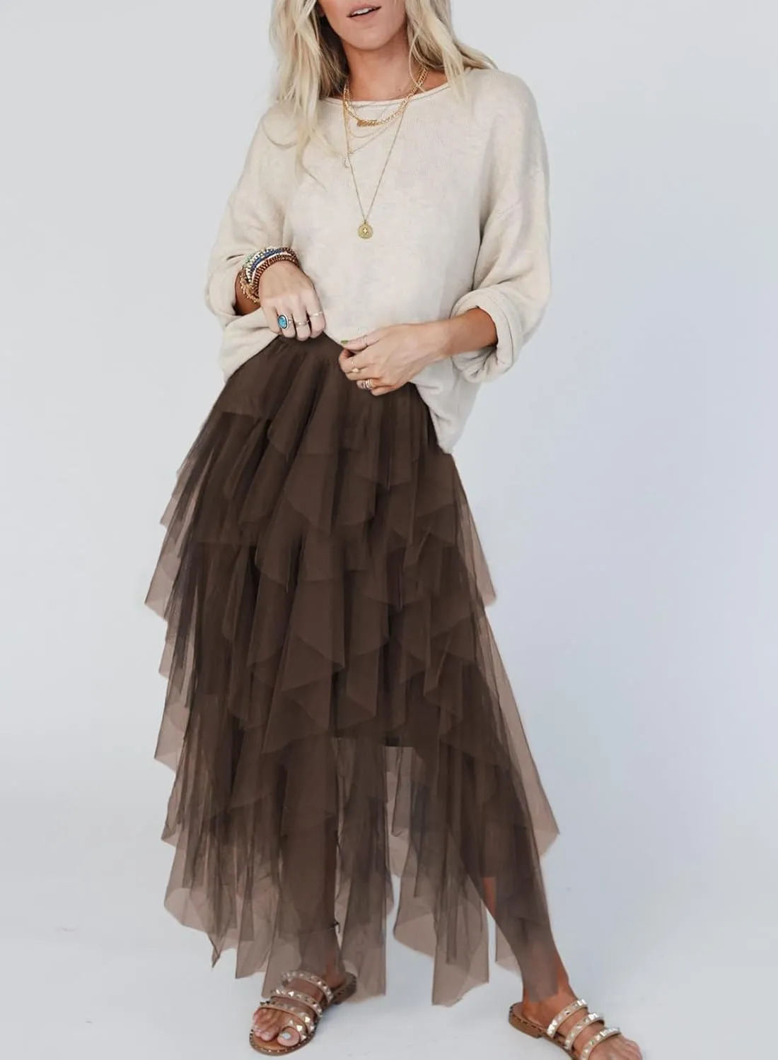miduo Womens Fashion Casual High Waist Elastic Waist Tutu Ruffle Tiered Tulle Midi Skirts A Line Skirts