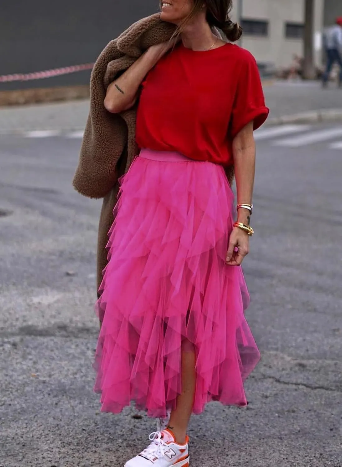 miduo Womens Fashion Casual High Waist Elastic Waist Tutu Ruffle Tiered Tulle Midi Skirts A Line Skirts