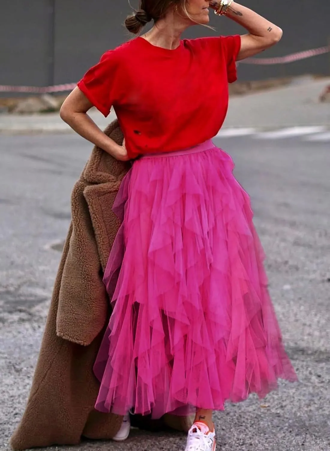 miduo Womens Fashion Casual High Waist Elastic Waist Tutu Ruffle Tiered Tulle Midi Skirts A Line Skirts