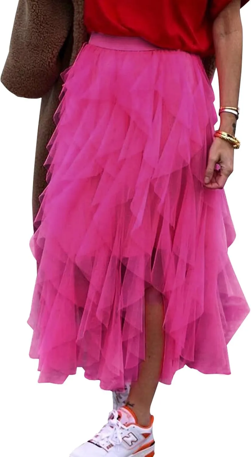 miduo Womens Fashion Casual High Waist Elastic Waist Tutu Ruffle Tiered Tulle Midi Skirts A Line Skirts