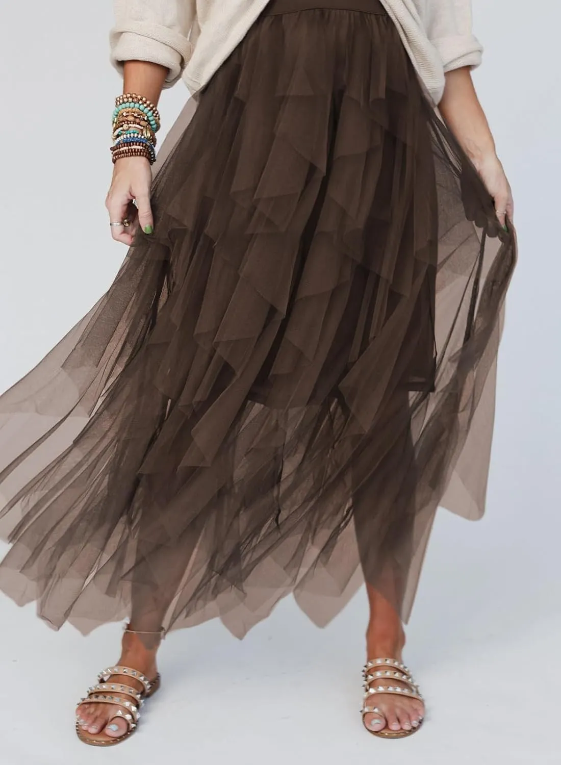 miduo Womens Fashion Casual High Waist Elastic Waist Tutu Ruffle Tiered Tulle Midi Skirts A Line Skirts