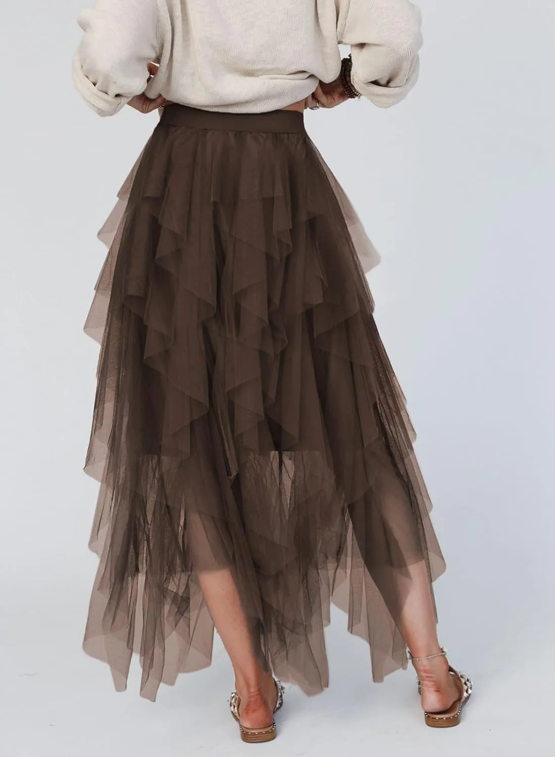 miduo Womens Fashion Casual High Waist Elastic Waist Tutu Ruffle Tiered Tulle Midi Skirts A Line Skirts