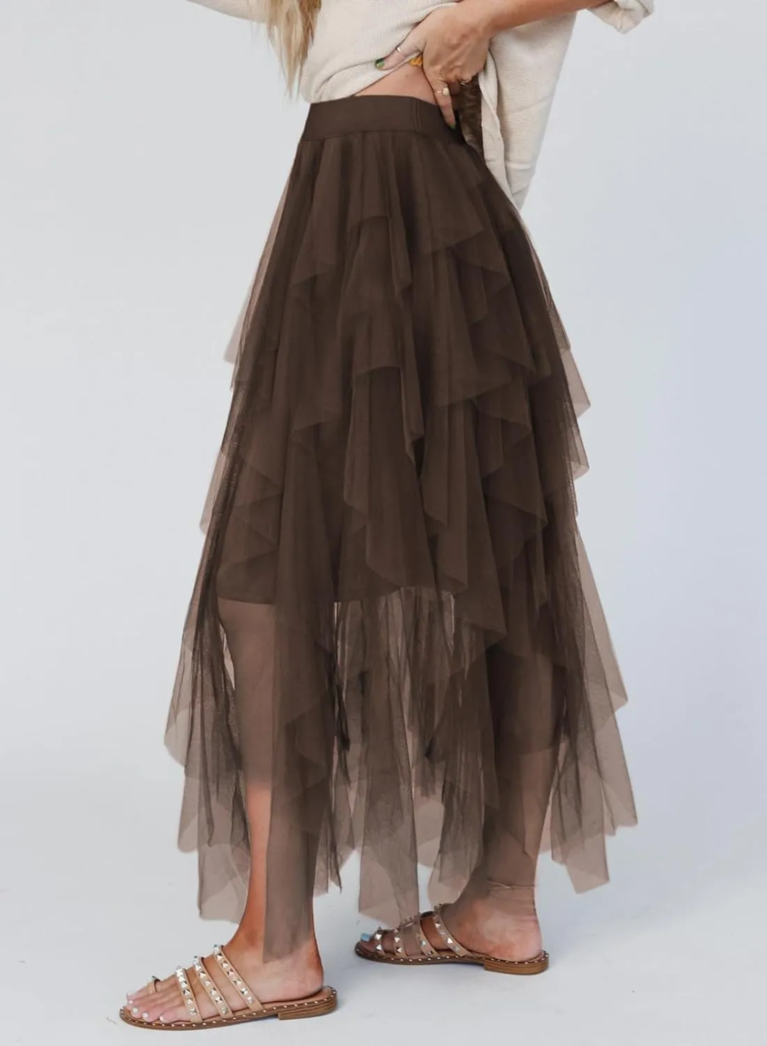 miduo Womens Fashion Casual High Waist Elastic Waist Tutu Ruffle Tiered Tulle Midi Skirts A Line Skirts