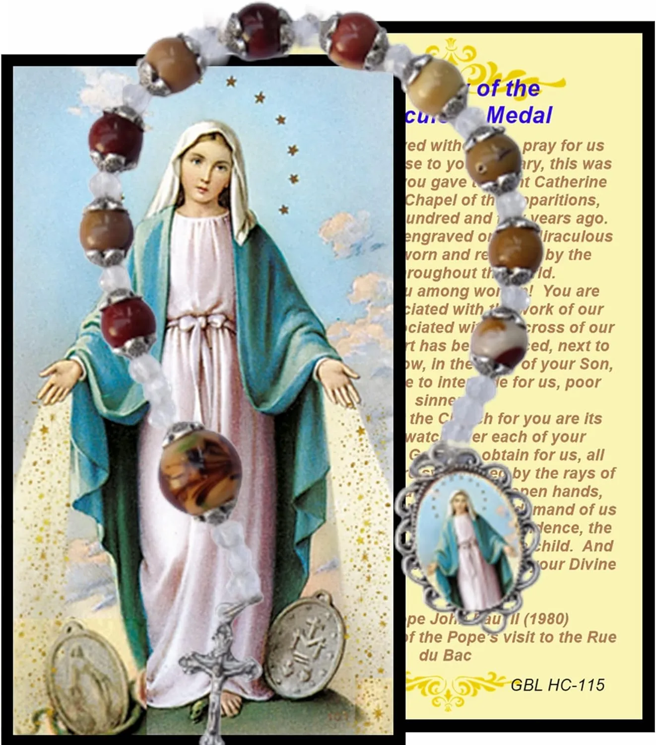 Miraculous Medal La Milagrosa Brown Agate Quartz Chaplet Pocket Purse Rosary with Prayer Card Holy Card Available in English and Spanish (ENGLISH)
