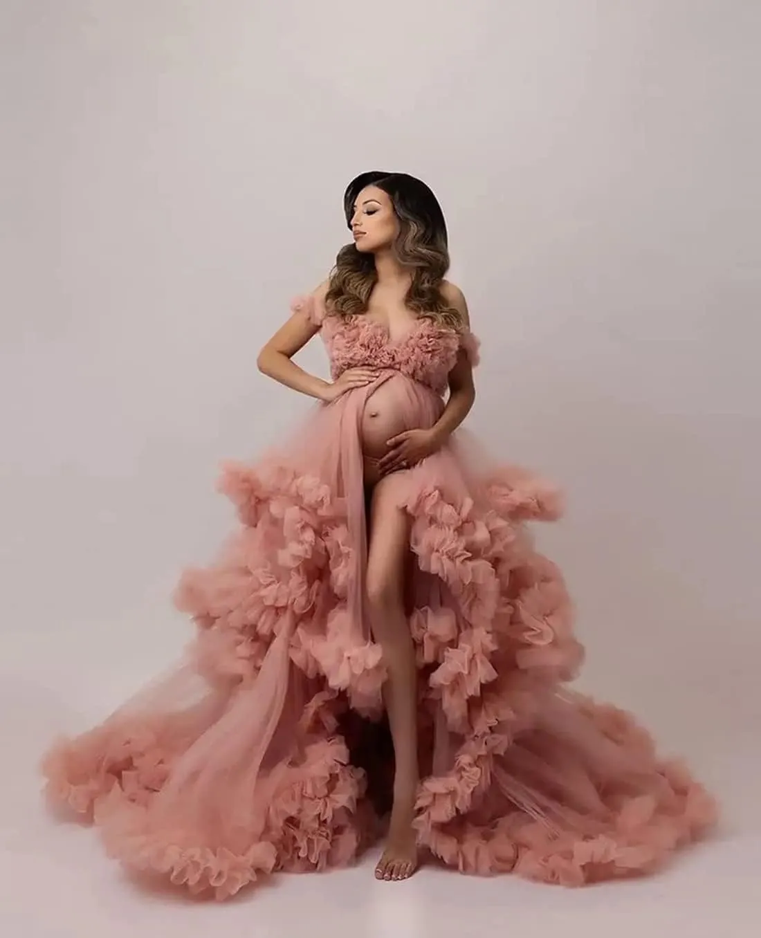 Molisa Tulle Maternity Dress for Photoshoot Puffy Ruffles Bridal Lingerie Bathgown Sheer Baby Shower Pregnancy Gowns
