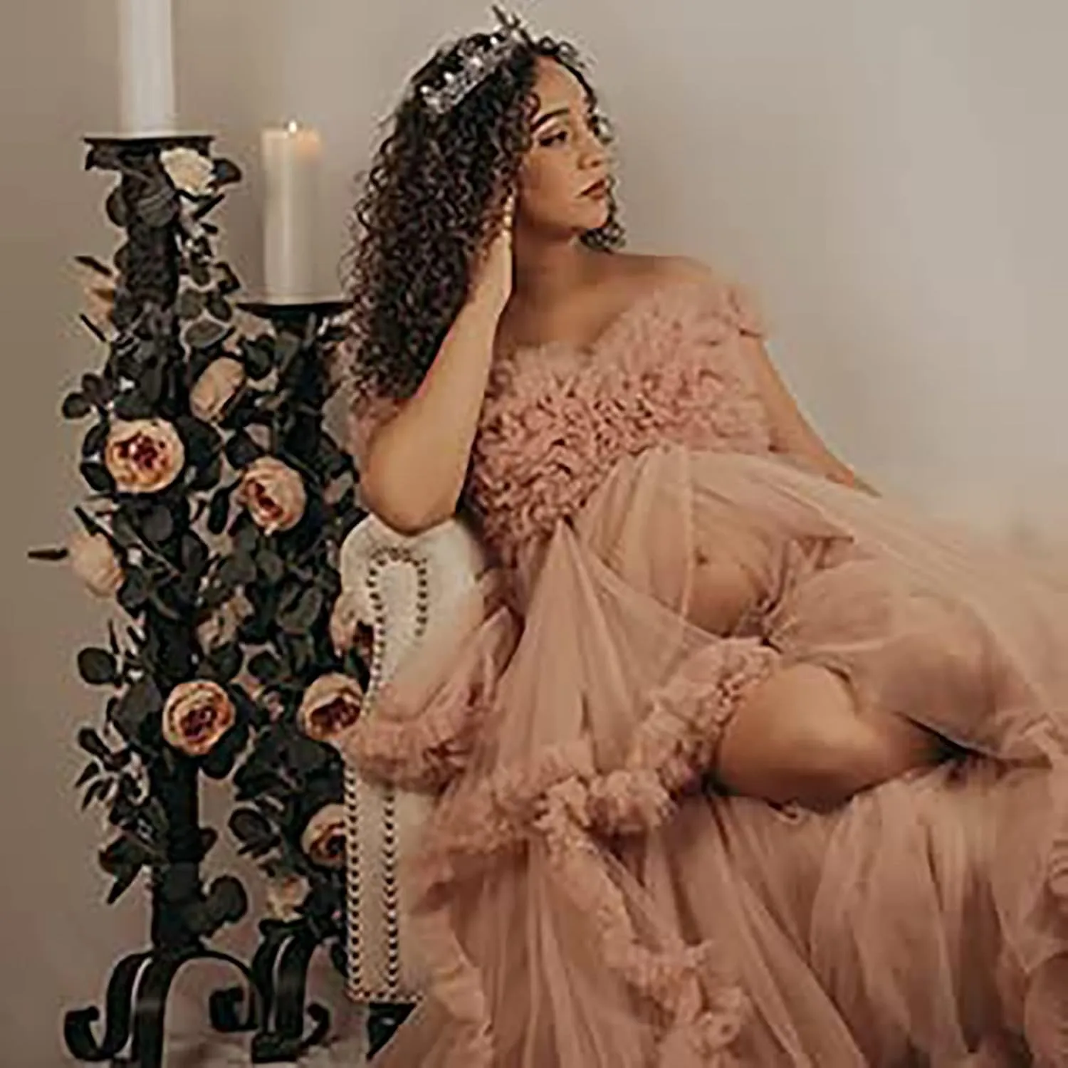 Molisa Tulle Maternity Dress for Photoshoot Puffy Ruffles Bridal Lingerie Bathgown Sheer Baby Shower Pregnancy Gowns