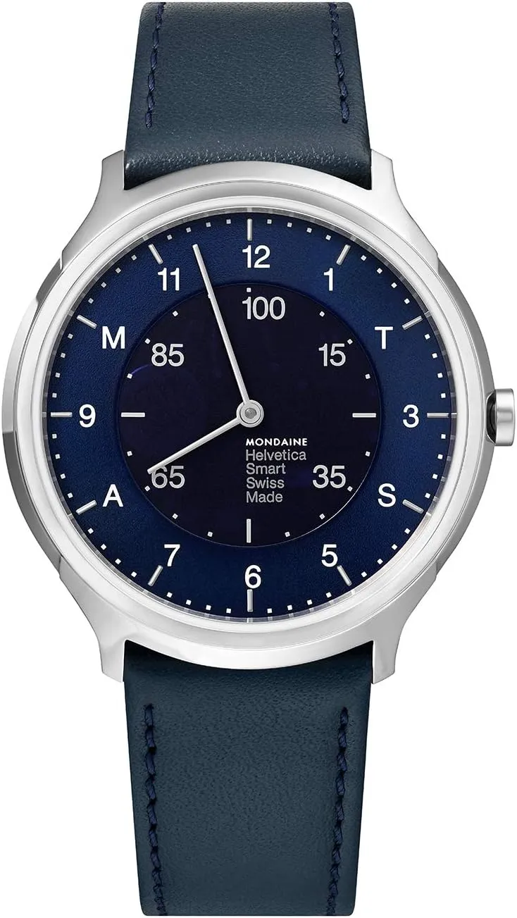 Mondaine MON Helvetica MH1.R2S40.LD Regular Smart Watch | 40 mm Stainless Steel Polished/Dark Navy and Blue/Navy Blue Leather