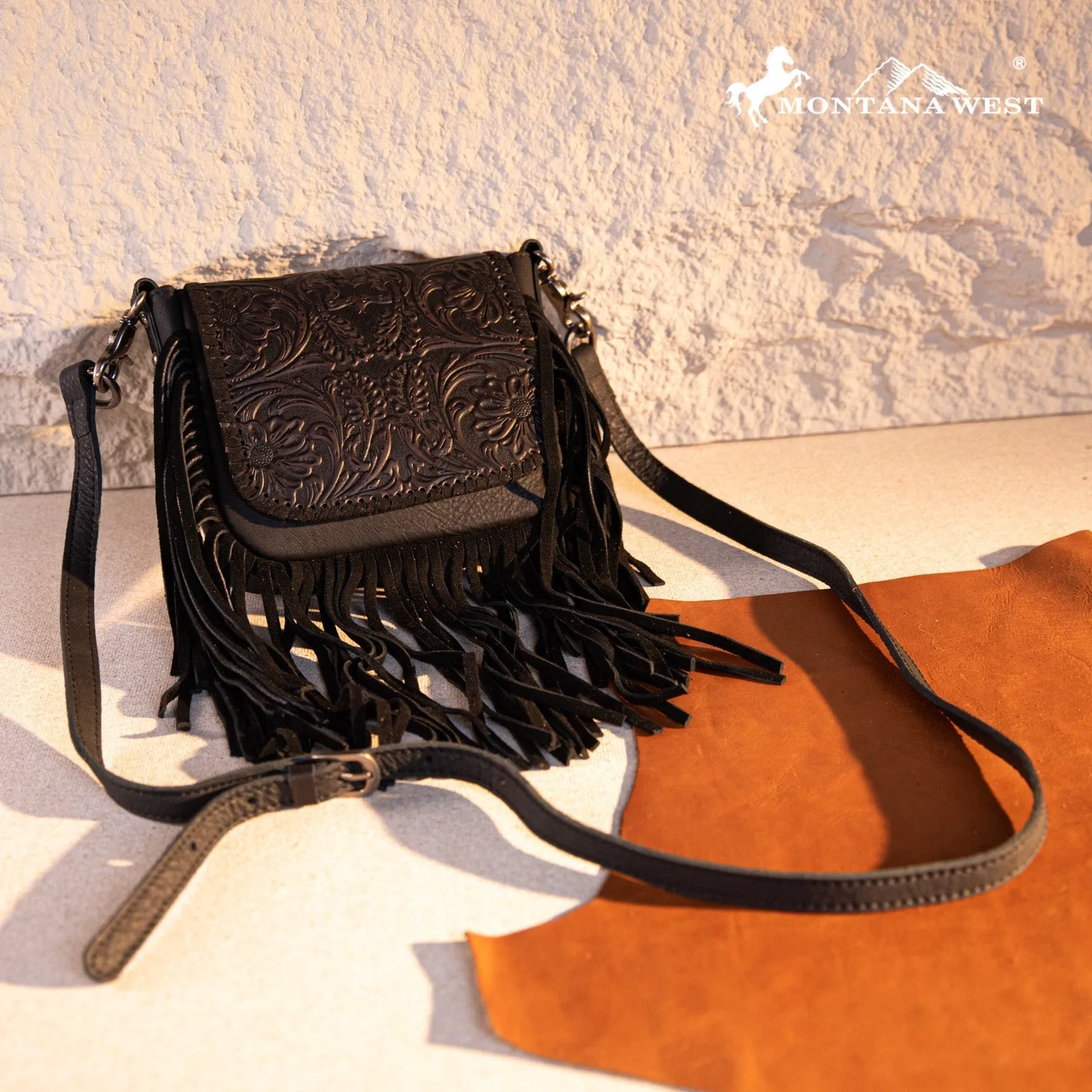 Montana West Genuine Leather Tooled Fringe Crossbody Bag