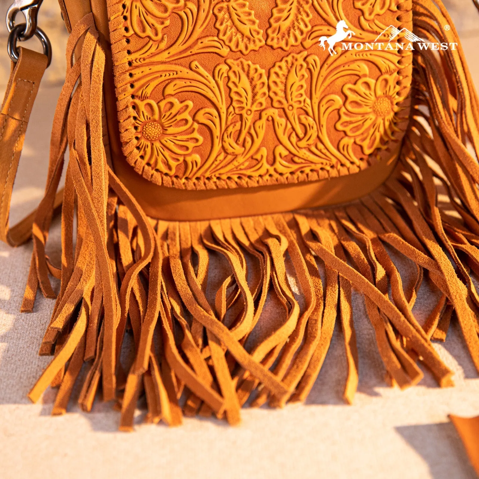 Montana West Genuine Leather Tooled Fringe Crossbody