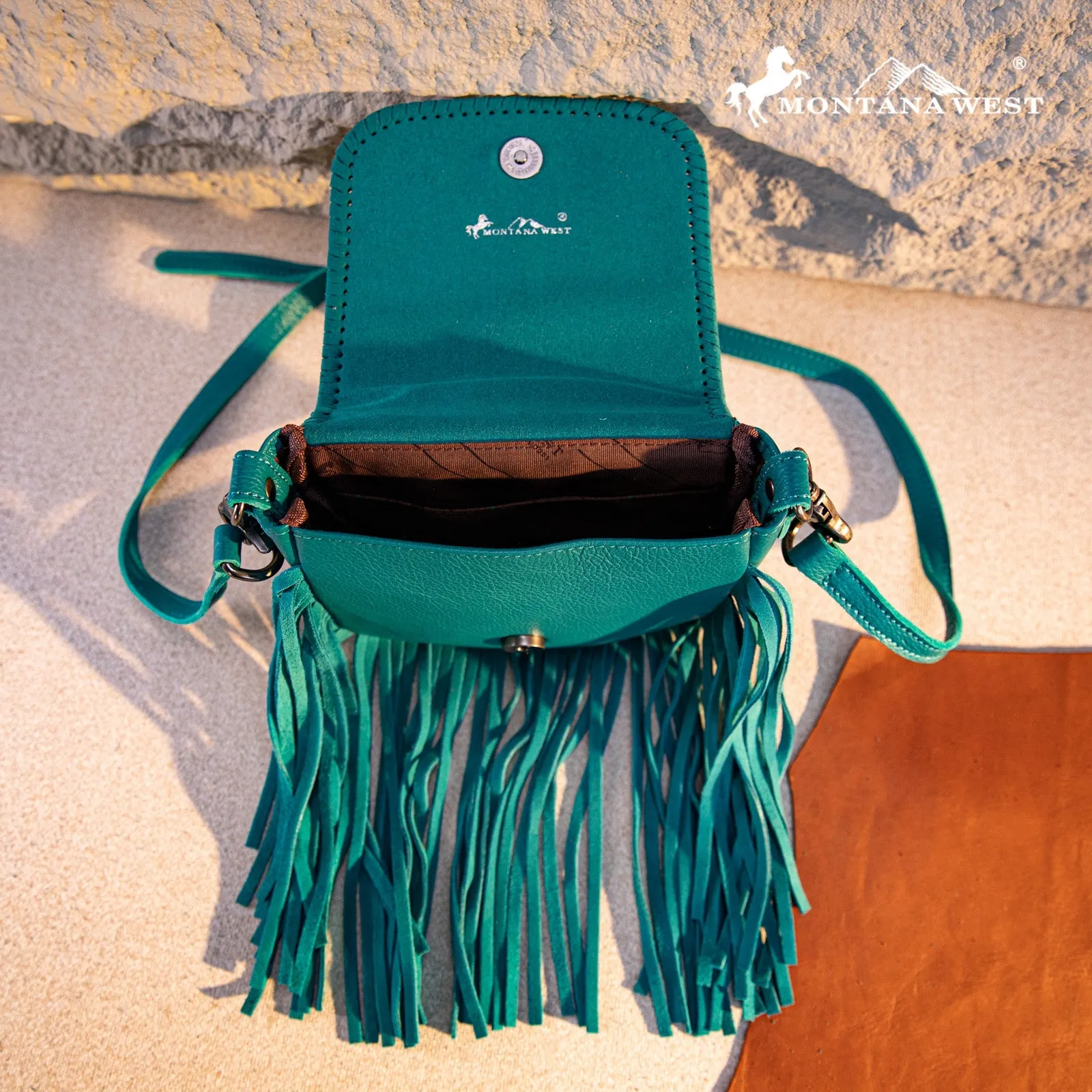 Montana West Genuine Leather Tooled Fringe Crossbody