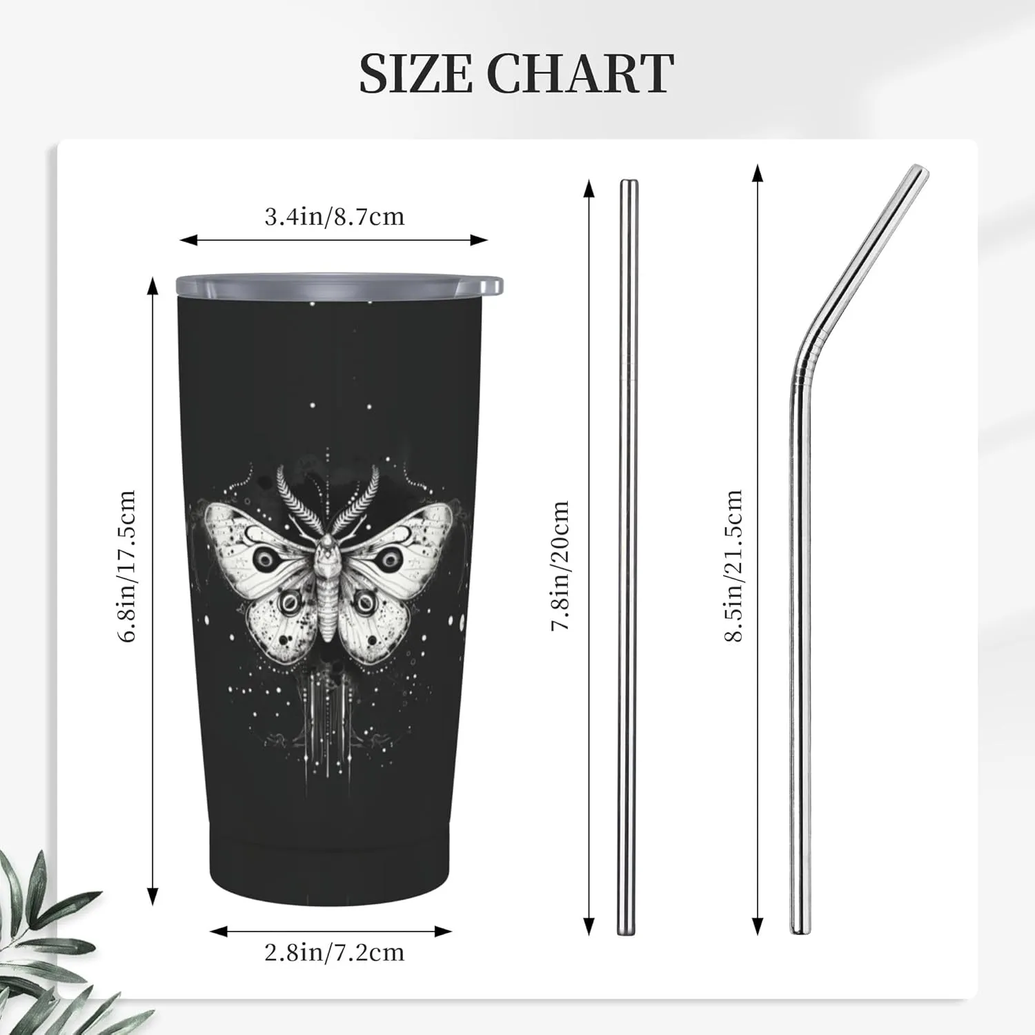 Moth Tumbler with Lid and Straw 20 OZ Stainless Steel Travel Coffee Mug Double Wall Insulated Cup Leakproof for Car Sports Cafe Office