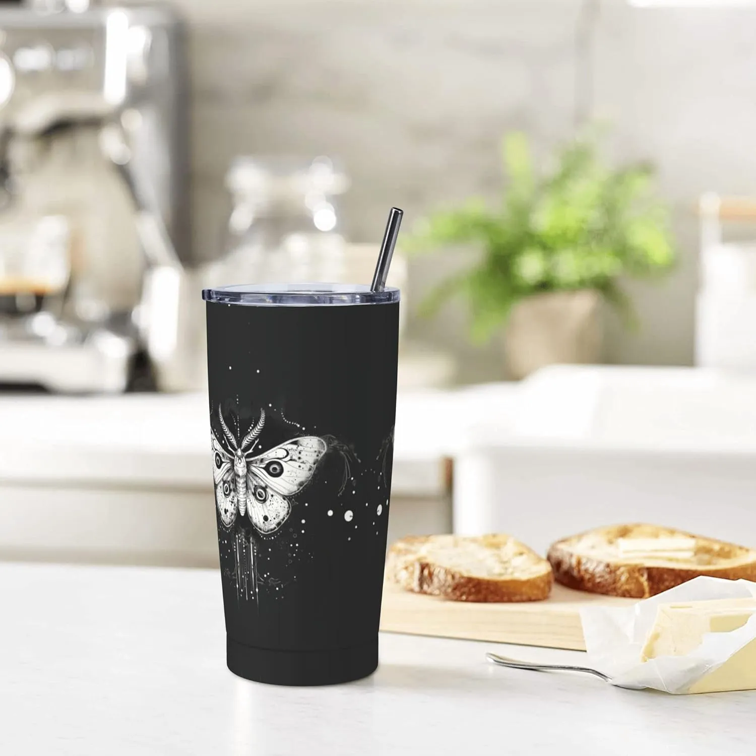 Moth Tumbler with Lid and Straw 20 OZ Stainless Steel Travel Coffee Mug Double Wall Insulated Cup Leakproof for Car Sports Cafe Office