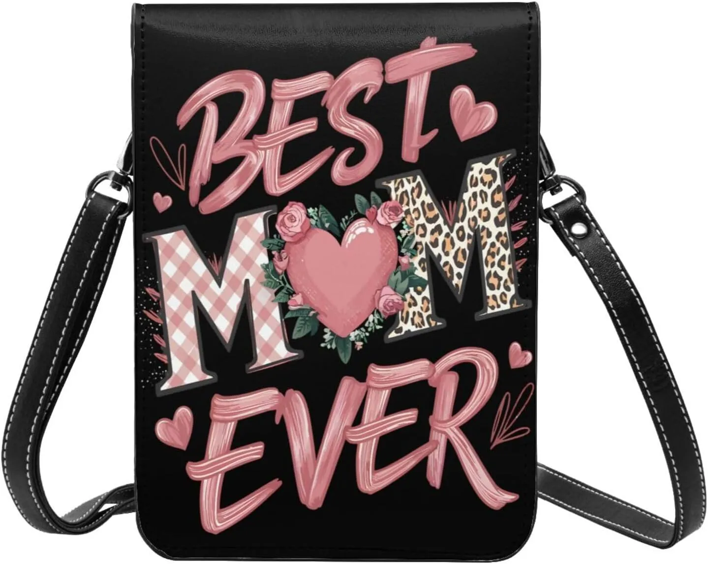 Mother's Day Floral Hearts Leather Crossbody Cell Phone Purse Small Wallet Bags Adjustable Phone Bag for Women