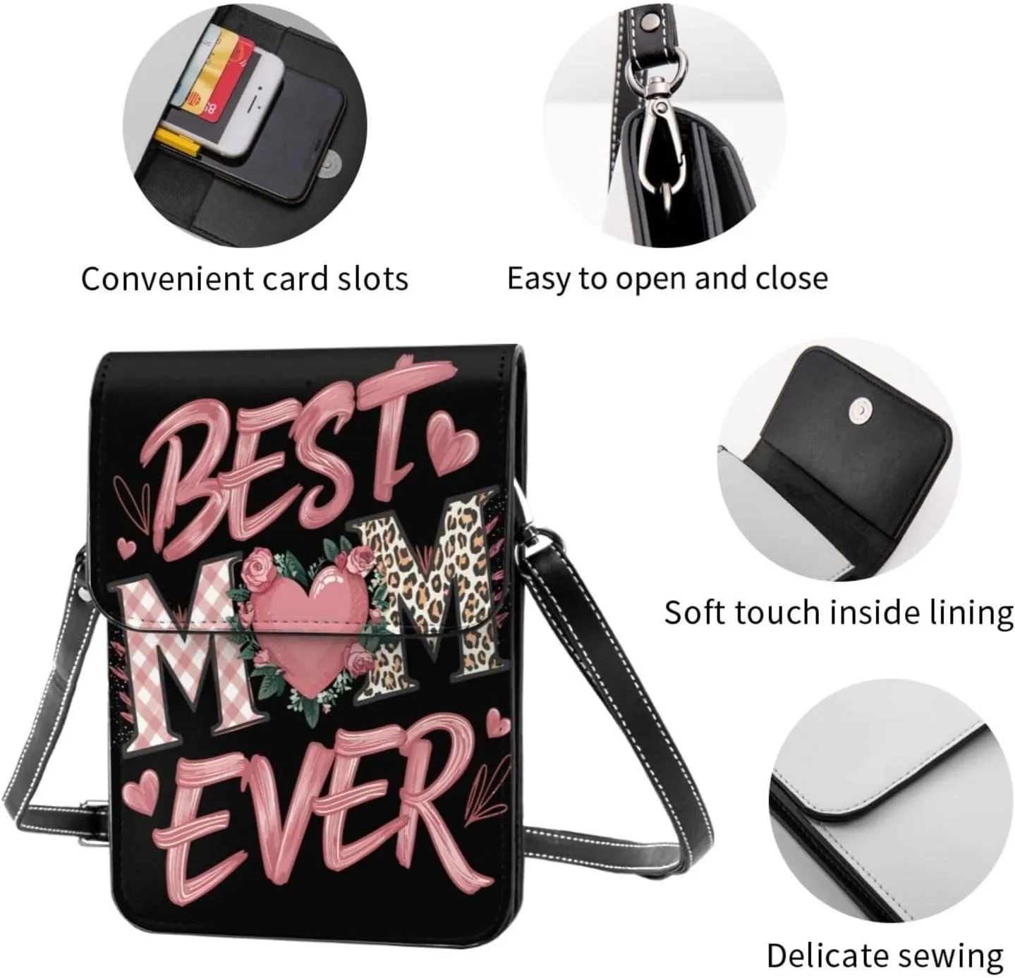 Mother's Day Floral Hearts Leather Crossbody Cell Phone Purse Small Wallet Bags Adjustable Phone Bag for Women