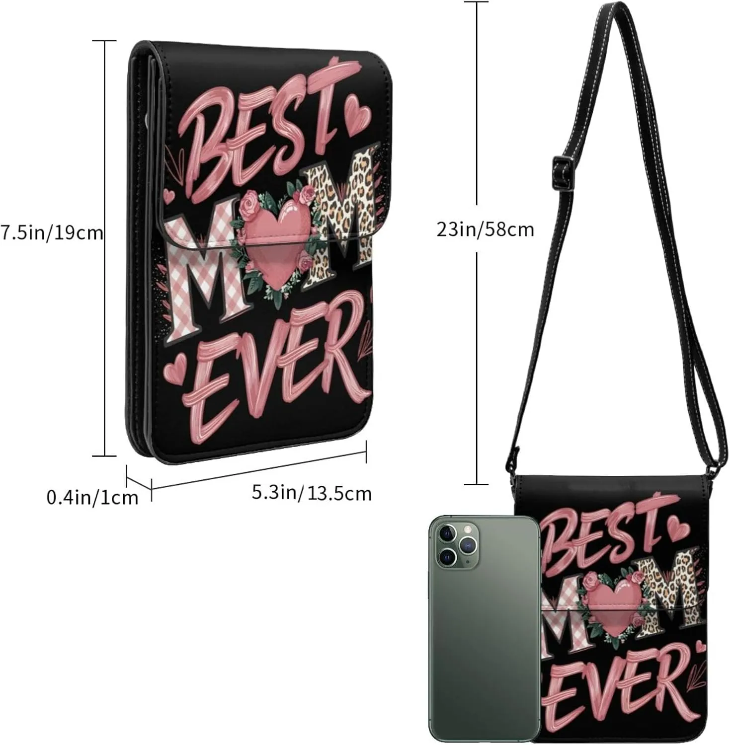 Mother's Day Floral Hearts Leather Crossbody Cell Phone Purse Small Wallet Bags Adjustable Phone Bag for Women
