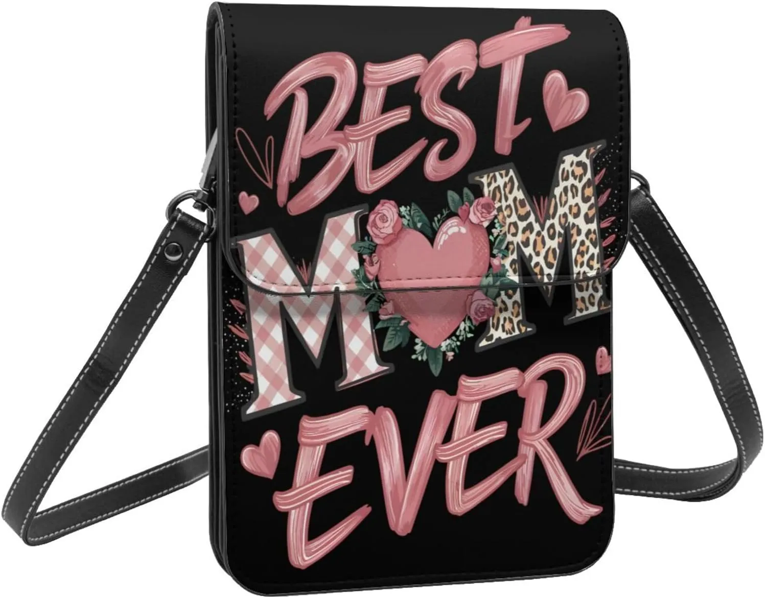 Mother's Day Floral Hearts Leather Crossbody Cell Phone Purse Small Wallet Bags Adjustable Phone Bag for Women