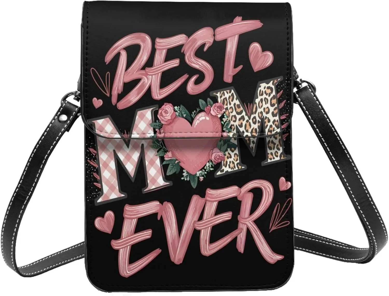 Mother's Day Floral Hearts Leather Crossbody Cell Phone Purse Small Wallet Bags Adjustable Phone Bag for Women