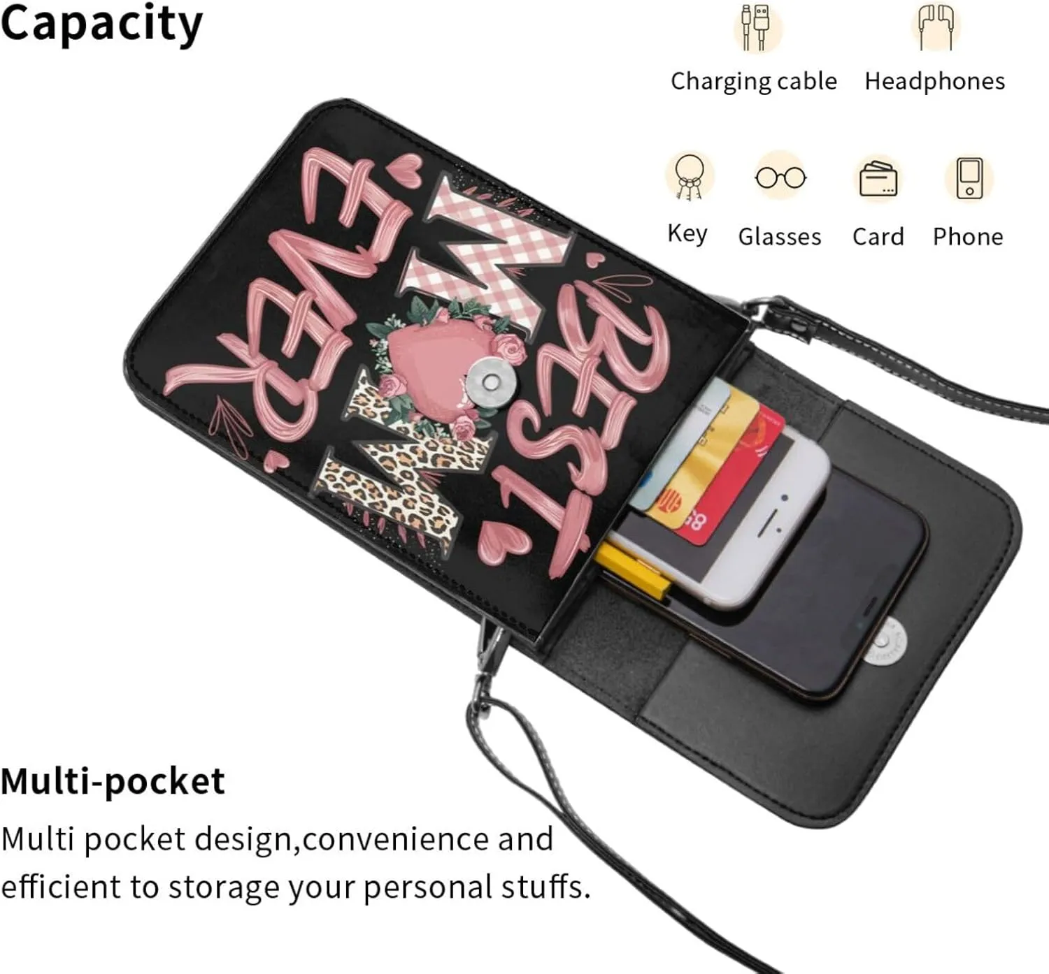 Mother's Day Floral Hearts Leather Crossbody Cell Phone Purse Small Wallet Bags Adjustable Phone Bag for Women