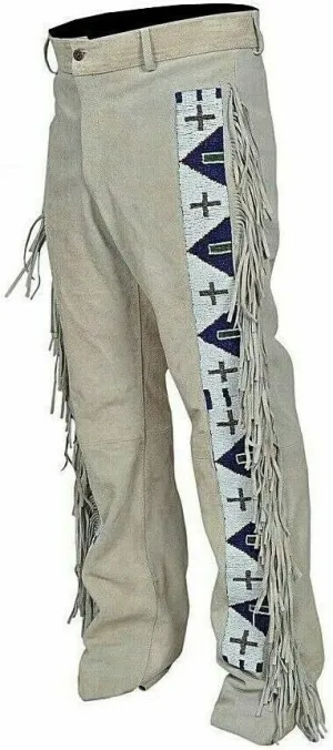 Mount Helicon Men's Native American Buckskin/Deerskin Suede Leather Pant Fringes Red Indian Cowboy Reenactment Mountain Man