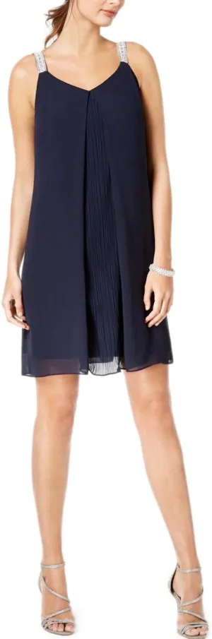 MSK $79 Womens New 1141 Navy Rhinestone Embellished Shift Dress 6 Petites B B