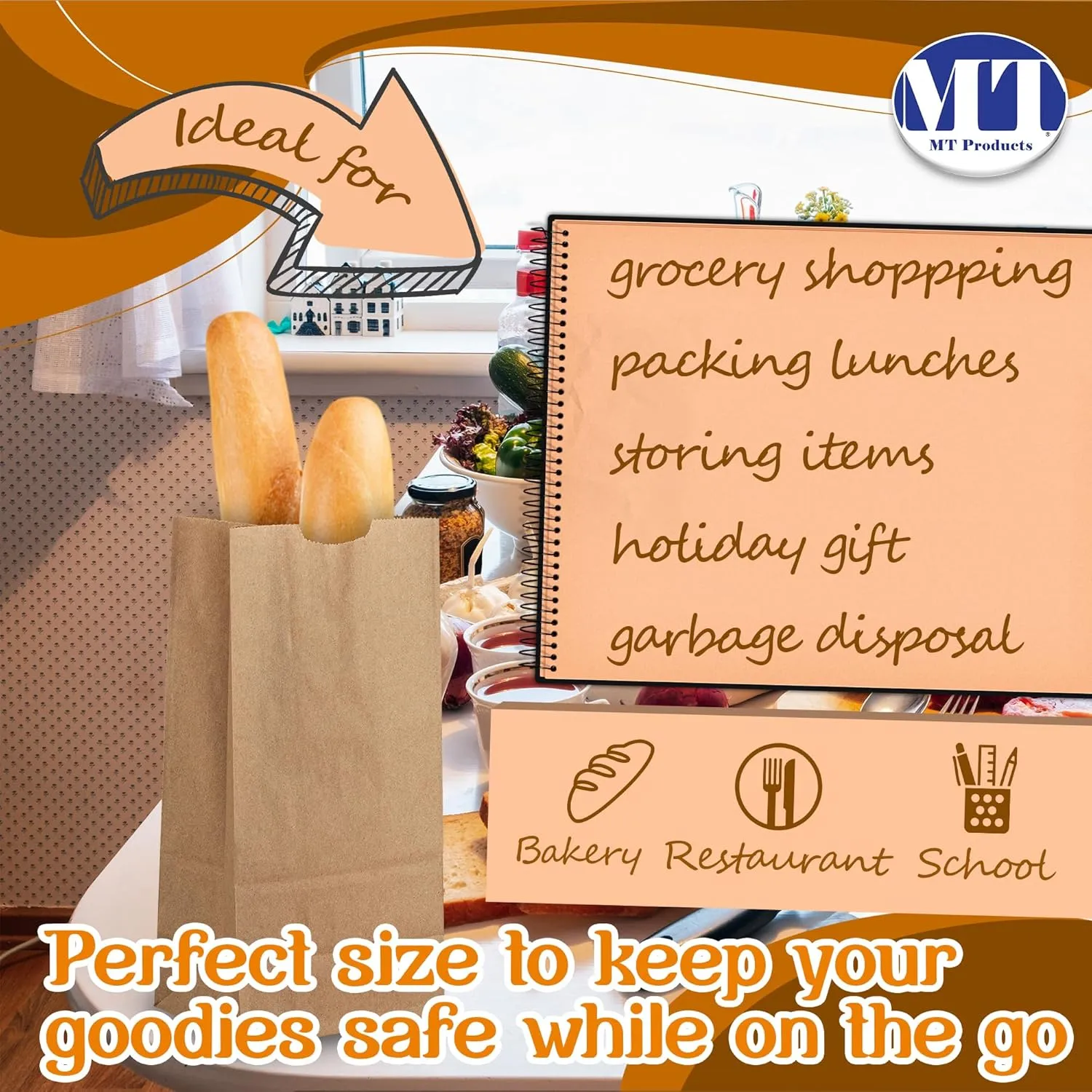 MT Products Brown Paper Bags 8 lbs. - Disposable Paper Lunch Bags Perfect for Shopping - Pack of 100