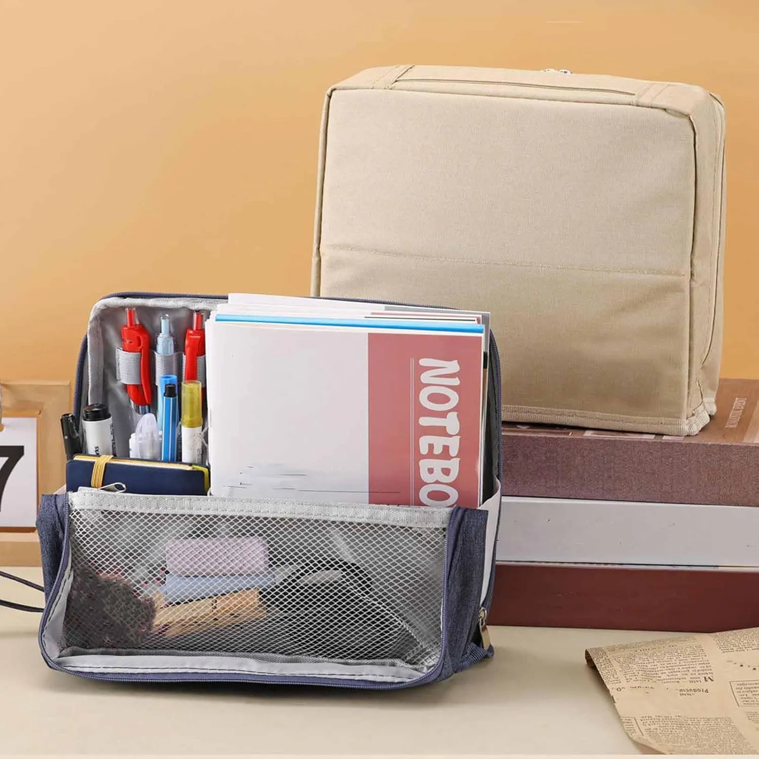 Multi-purpose Large Capacity Oxford Cloth Standing Makeup Bag, Portable Toiletry Bag, Waterproof Makeup Organizer with Compartments (Beige)