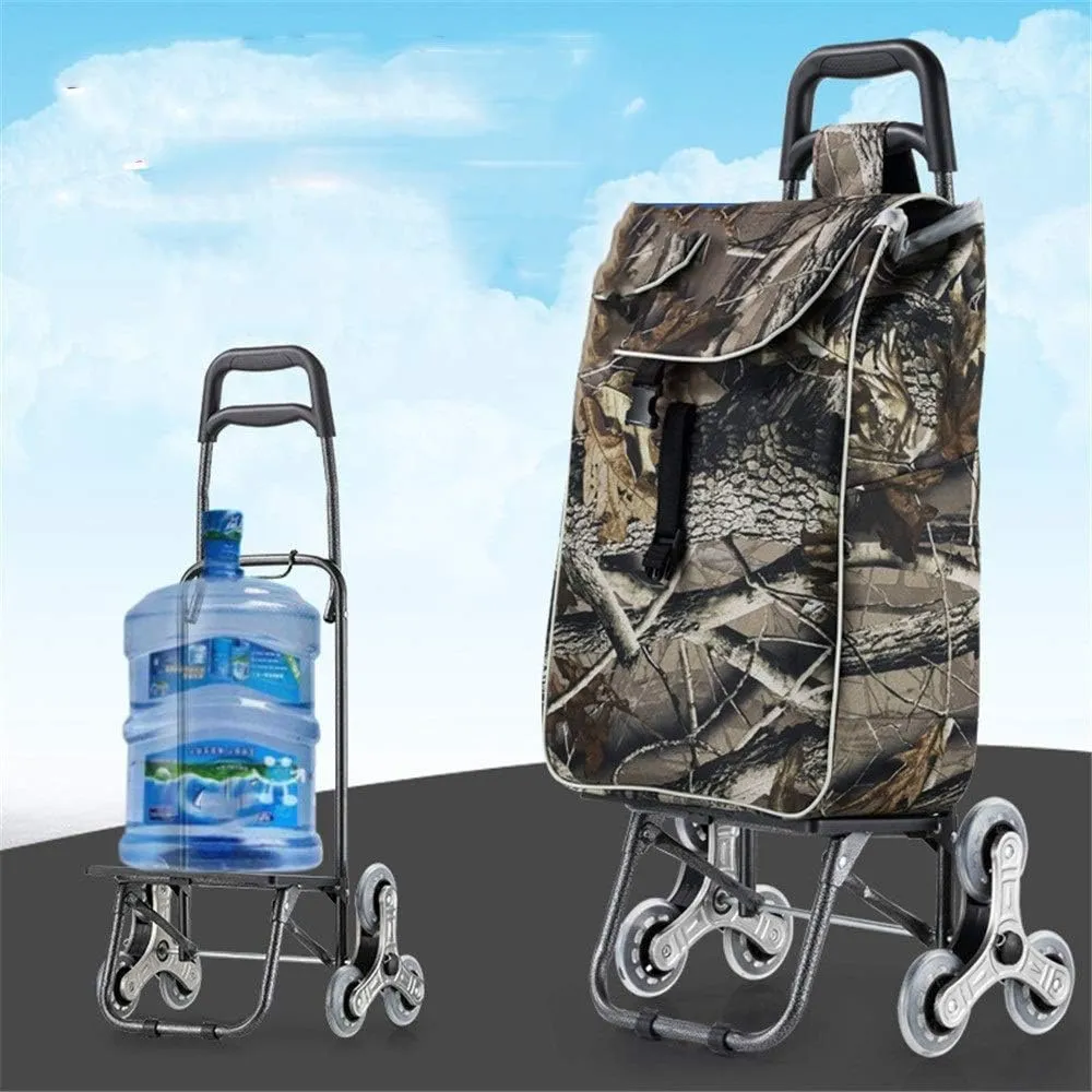 Multifunctional Luggage Cart Folding Shopping Cart Waterproof Leaf Printed Oxford Cloth Bag with Tri-Wheels Stair Climber