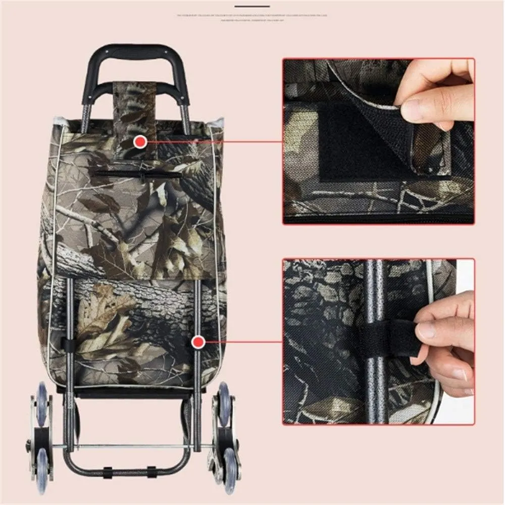 Multifunctional Luggage Cart Folding Shopping Cart Waterproof Leaf Printed Oxford Cloth Bag with Tri-Wheels Stair Climber