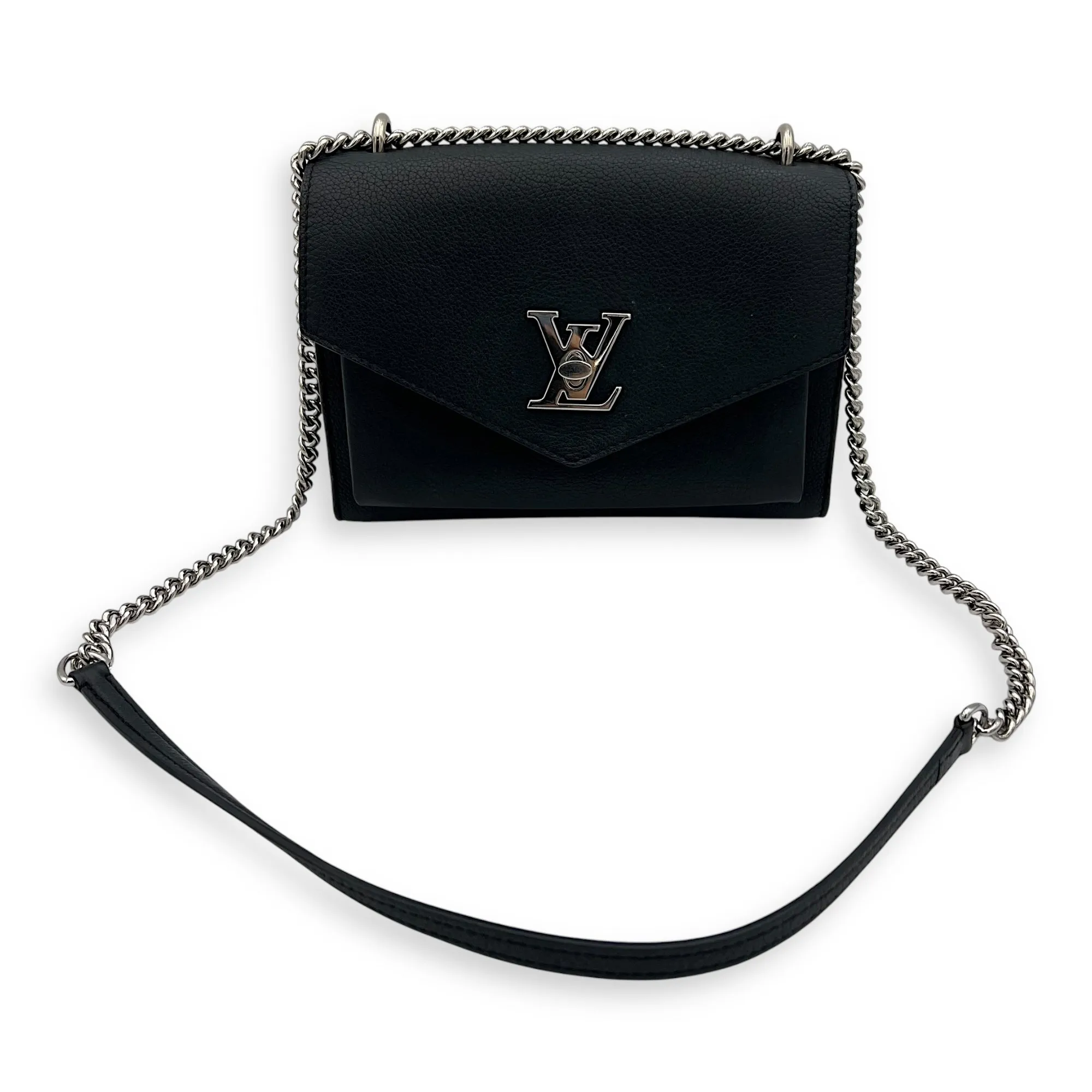 Mylockme Satchel Chain  Crossbody Bag Black in Calfskin, Silver