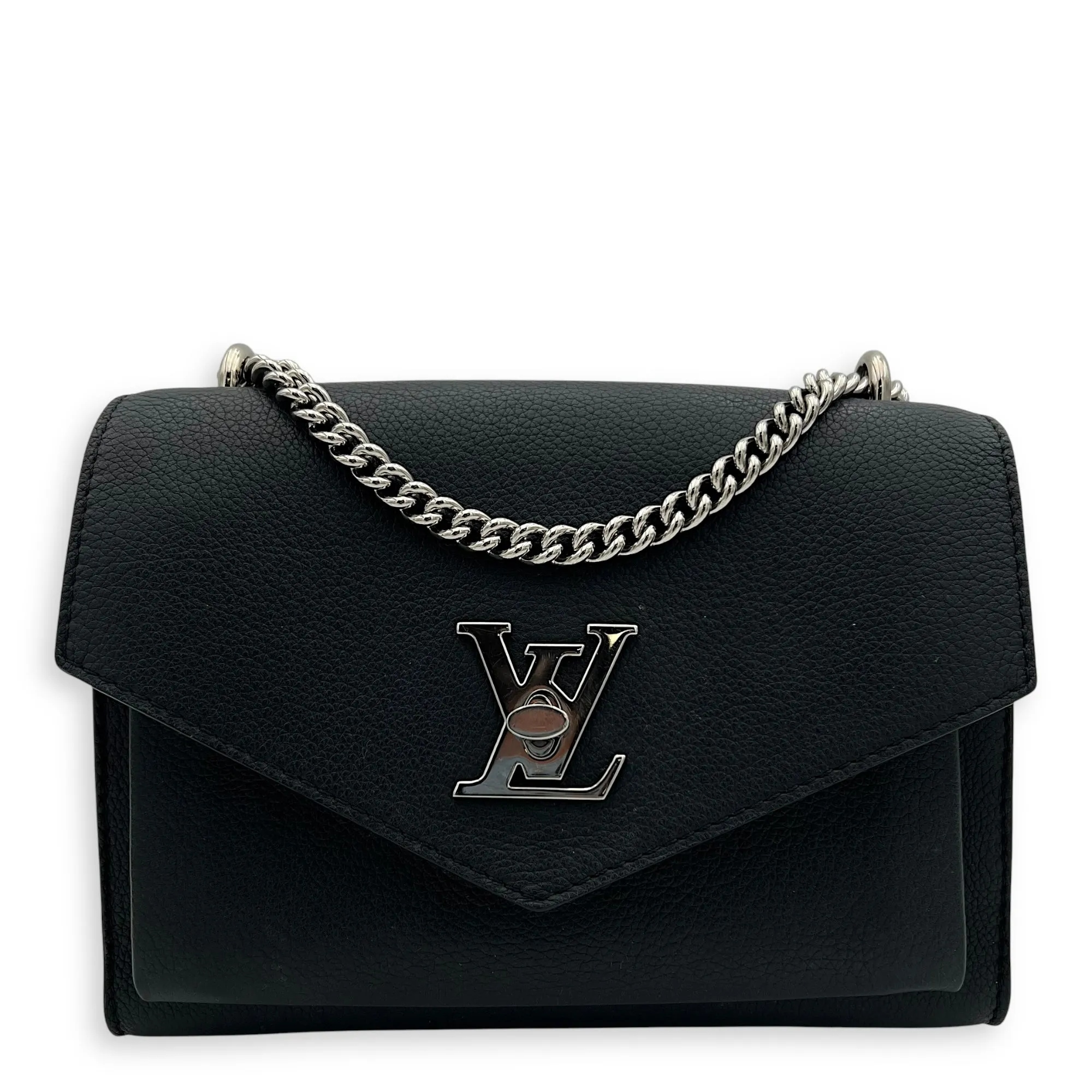 Mylockme Satchel Chain  Crossbody Bag Black in Calfskin, Silver