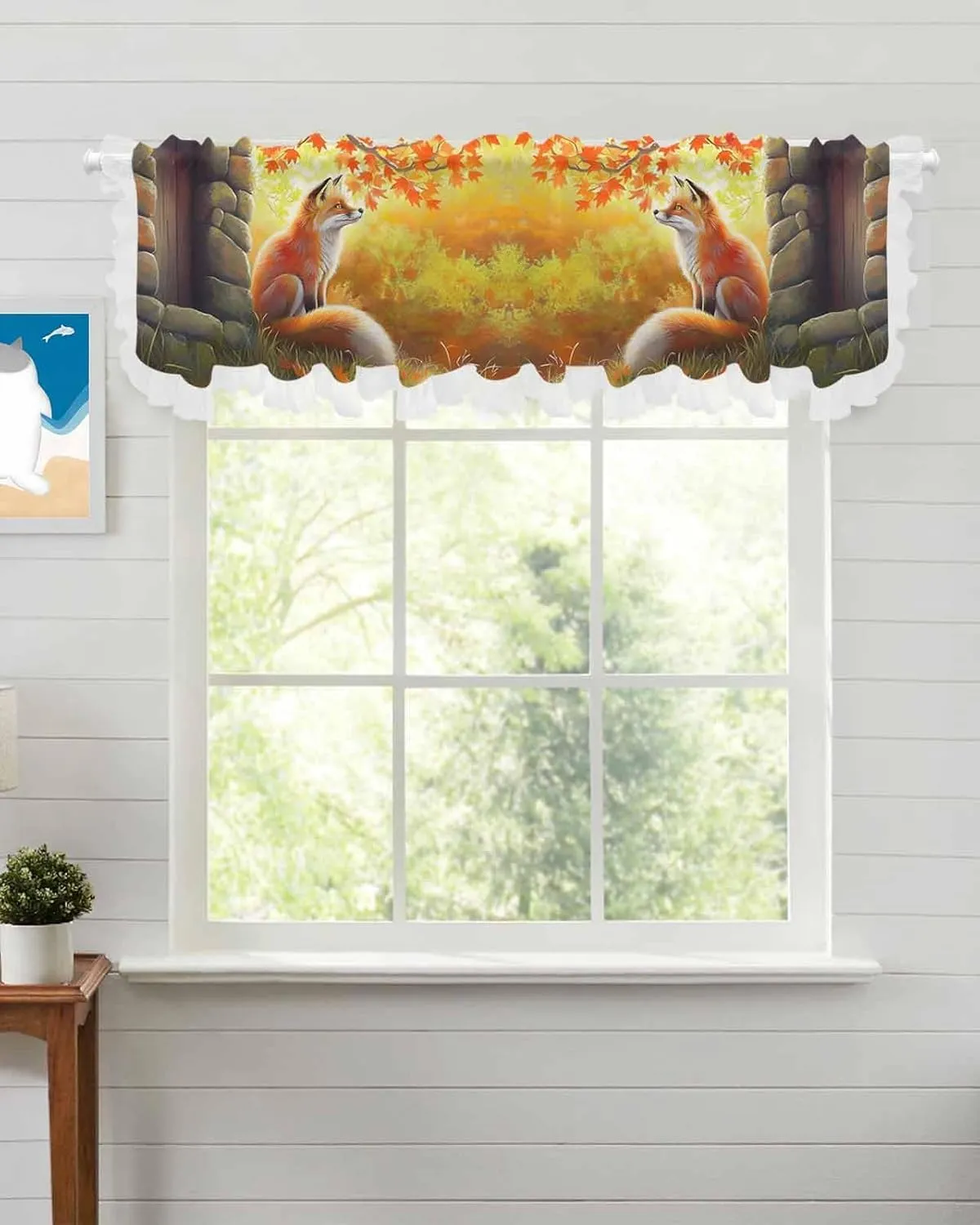 Nature Fox Stone Maple Leaves Curtain Valance 42x12 inch Valances for Windows Ruffled Semi Sheer Voile Valance,Rod Pocket Short Kitchen Curtains Ruffle Curtains
