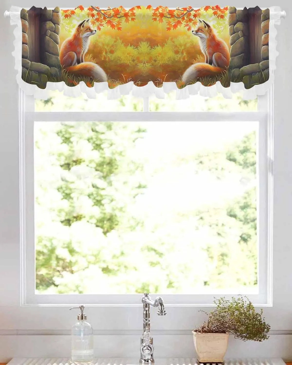 Nature Fox Stone Maple Leaves Curtain Valance 42x12 inch Valances for Windows Ruffled Semi Sheer Voile Valance,Rod Pocket Short Kitchen Curtains Ruffle Curtains