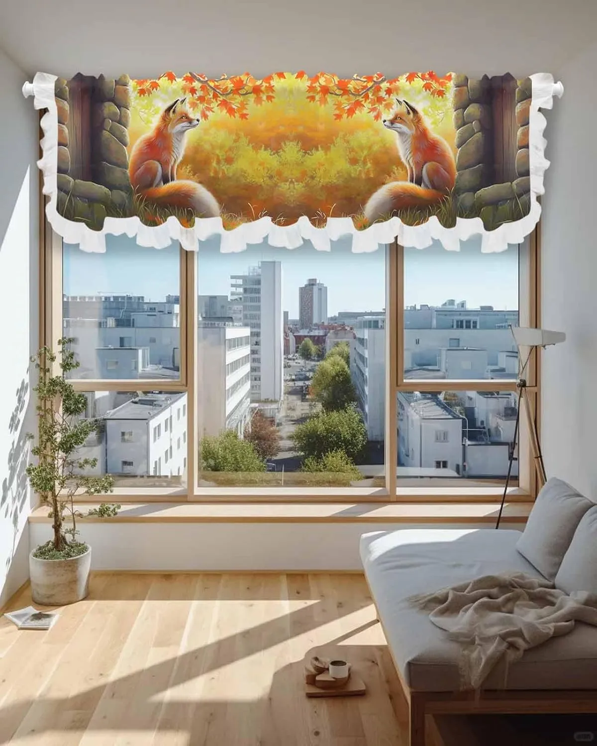 Nature Fox Stone Maple Leaves Curtain Valance 42x12 inch Valances for Windows Ruffled Semi Sheer Voile Valance,Rod Pocket Short Kitchen Curtains Ruffle Curtains