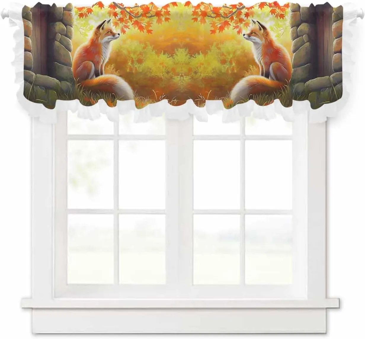 Nature Fox Stone Maple Leaves Curtain Valance 42x12 inch Valances for Windows Ruffled Semi Sheer Voile Valance,Rod Pocket Short Kitchen Curtains Ruffle Curtains