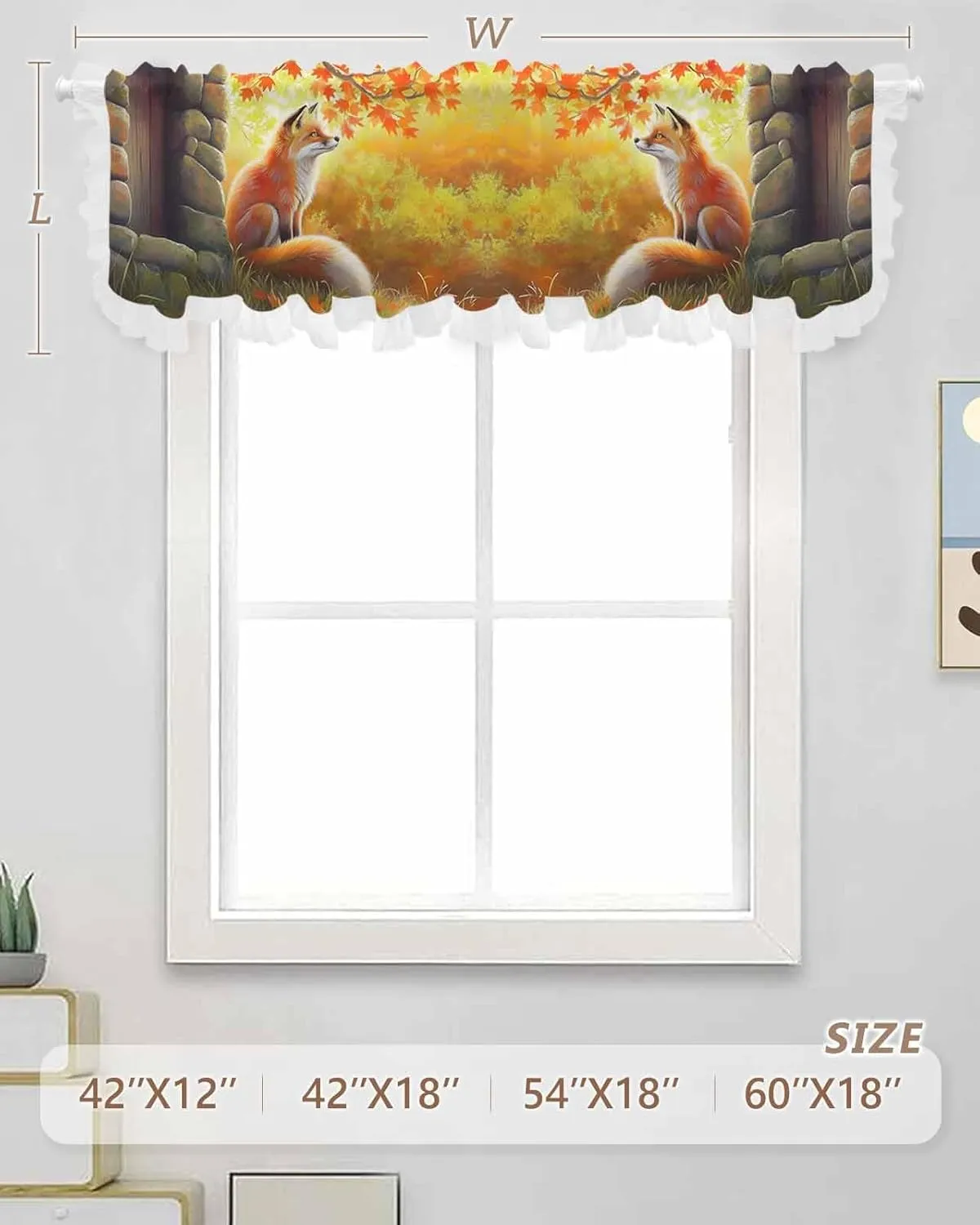 Nature Fox Stone Maple Leaves Curtain Valance 42x12 inch Valances for Windows Ruffled Semi Sheer Voile Valance,Rod Pocket Short Kitchen Curtains Ruffle Curtains