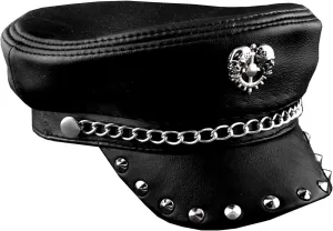 New! Metal Rivet Studded Skull Mens Genuine Leather Biker Punk Rocker Cap Hat