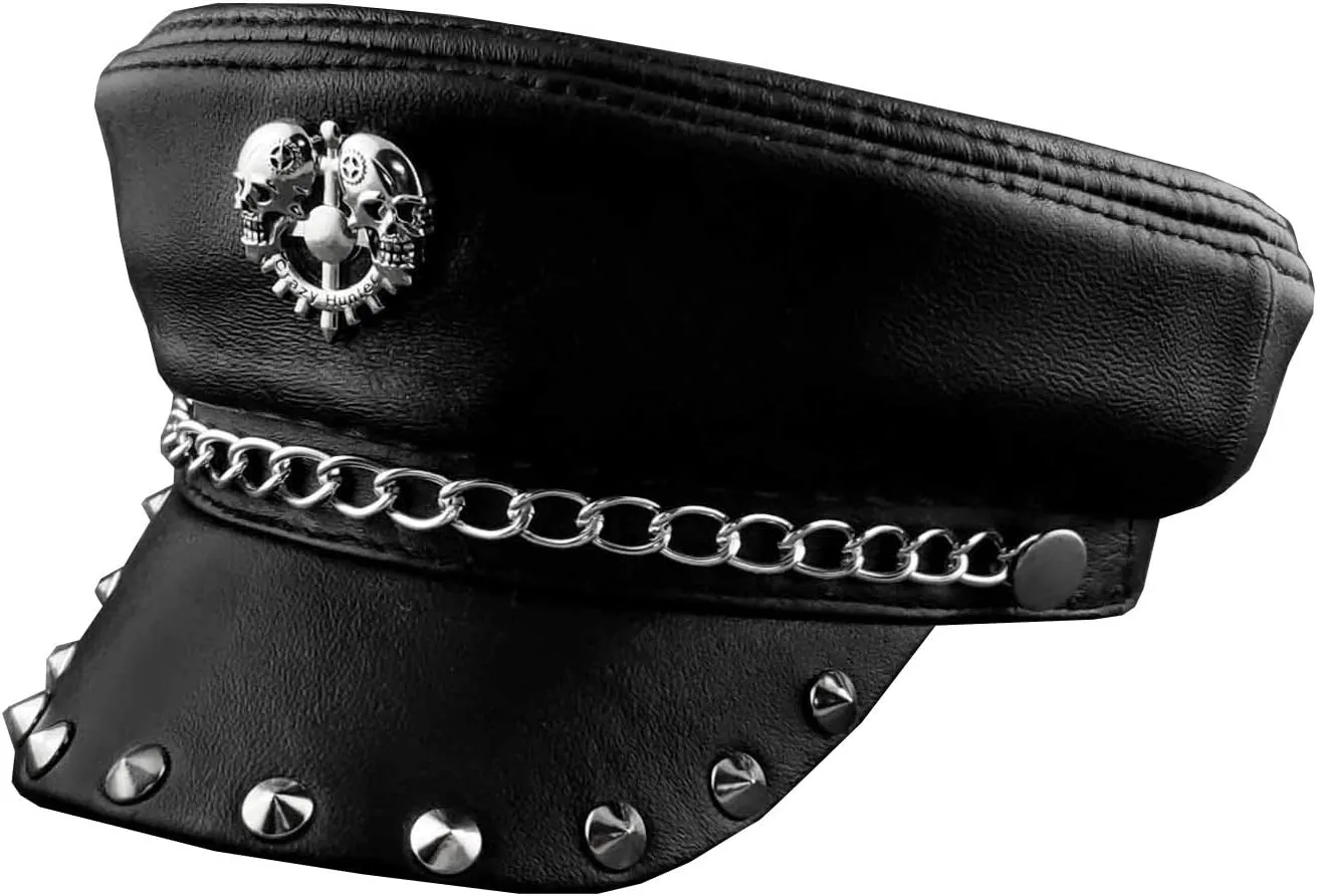 New! Metal Rivet Studded Skull Mens Genuine Leather Biker Punk Rocker Cap Hat