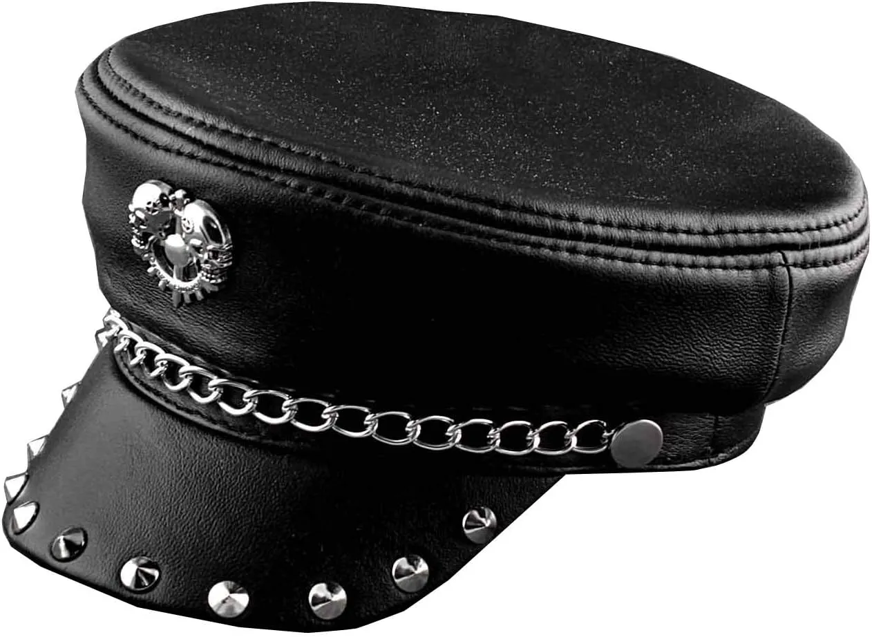 New! Metal Rivet Studded Skull Mens Genuine Leather Biker Punk Rocker Cap Hat