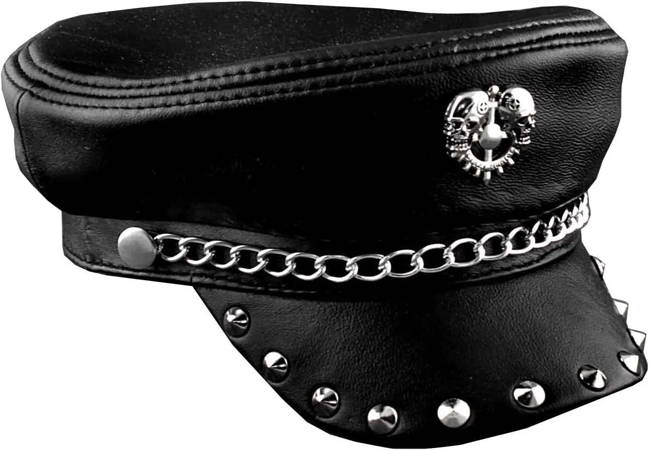 New! Metal Rivet Studded Skull Mens Genuine Leather Biker Punk Rocker Cap Hat