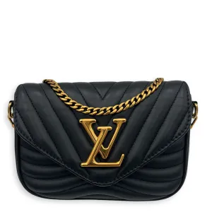 New Wave Black Crossbody Bag in Calfskin, Gold hardware