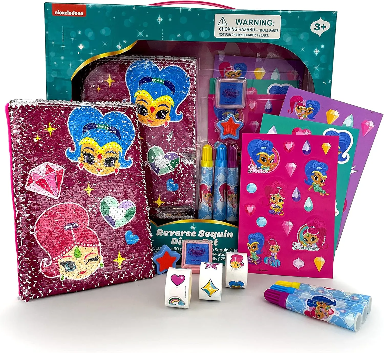 Nickelodeon Shimmer and Shine Diary Gift Set; Sequin Diary, Markers, Stickers, Stamp & Ink Pad