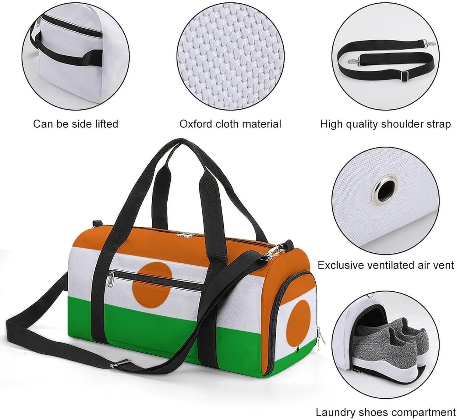 Niger Flag Gym Duffel for Boys Girls with Waterproof Shoe Compartment Tote