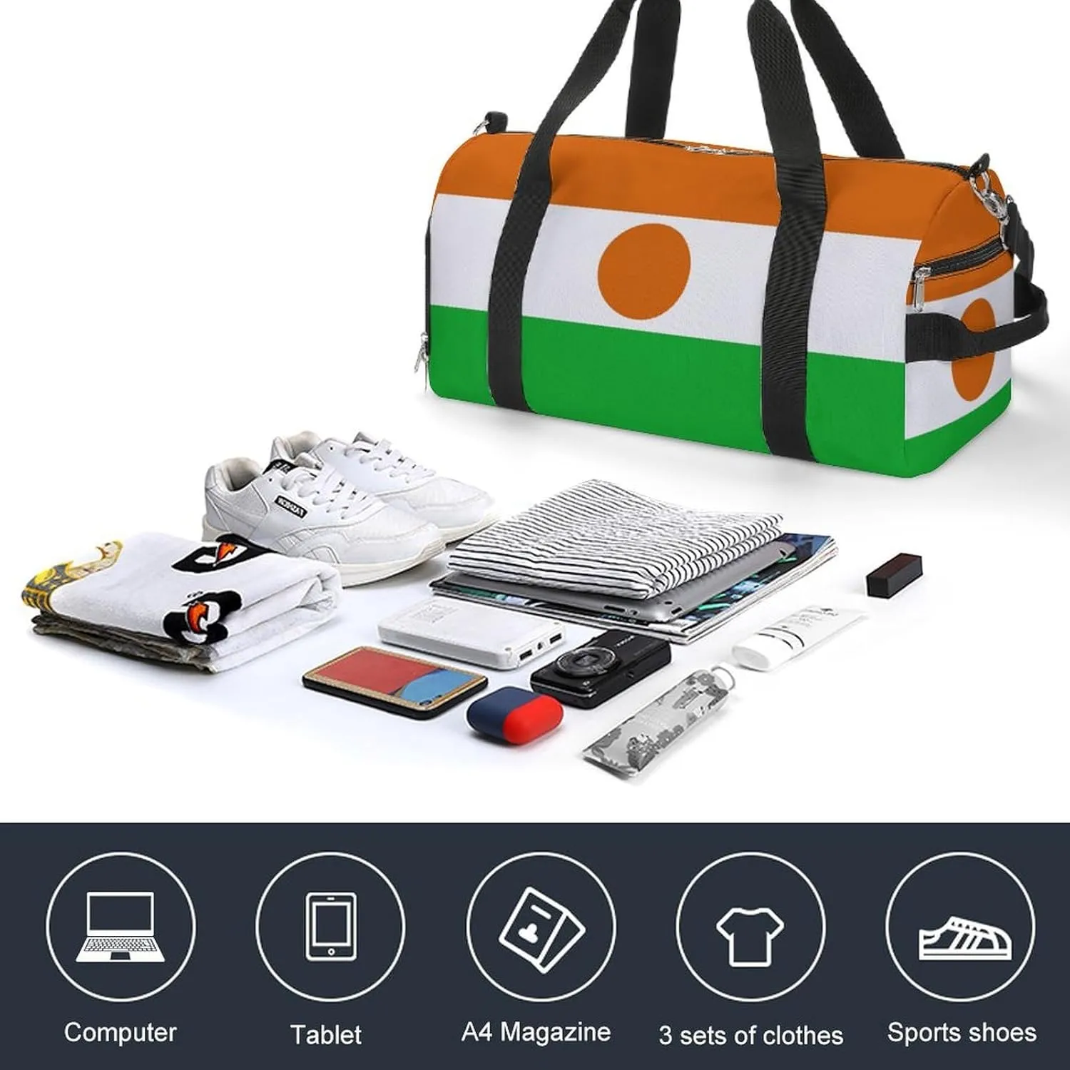 Niger Flag Gym Duffel for Boys Girls with Waterproof Shoe Compartment Tote