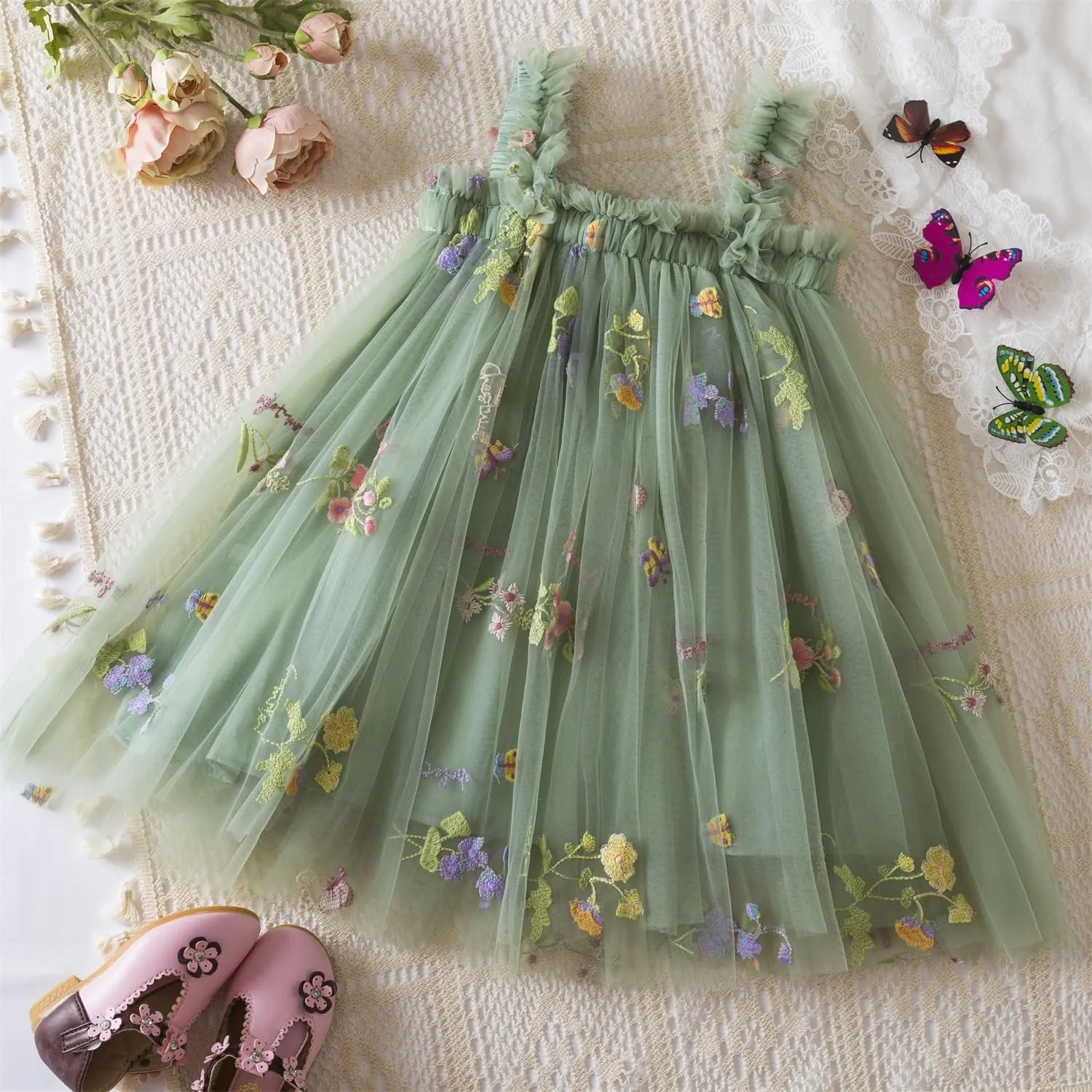 NNJXD Baby Girl Tulle Dress Casual Flower Embroidery Toddler Dresses
