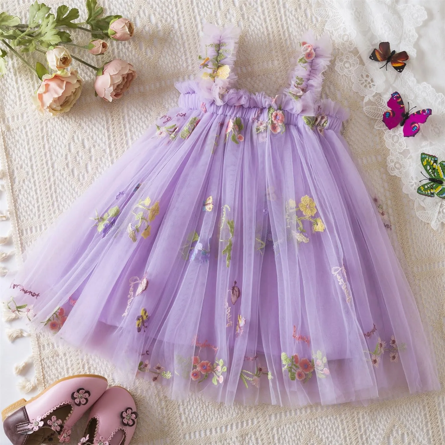 NNJXD Baby Girl Tulle Dress Casual Flower Embroidery Toddler Dresses