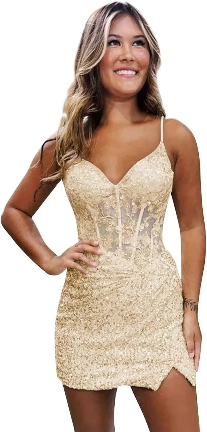 Noras dress Sweetheart Homecoming Dress Mini Spaghetti Straps Sequin Applique Cocktail Party Dresses for Teens NO158
